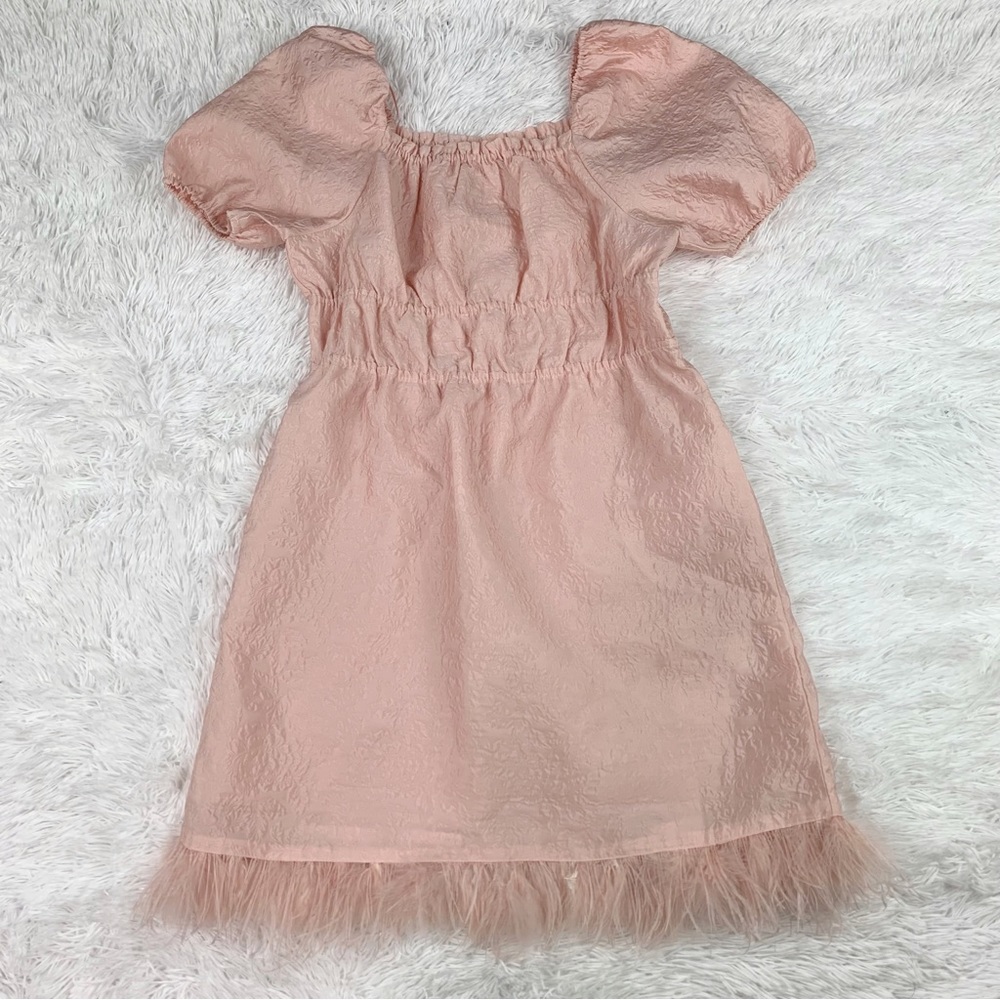 GB Girls short sleeve square neck jacquard‎ dress feather hem in pink blush